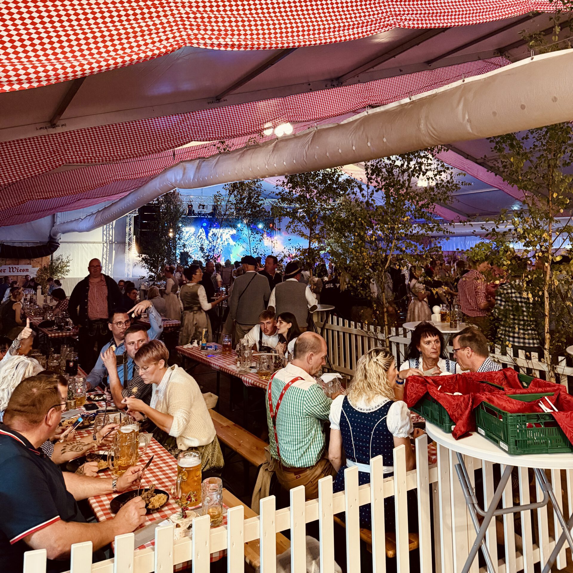 Gäste in Dirndl und Lederhose sitzen an Biertischen der Quedlinburger Wiesn – Oktoberfest Harz